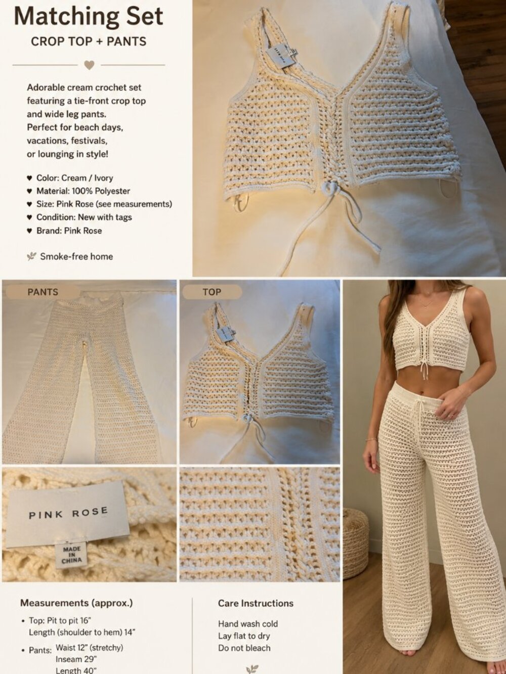 Ivory Crochet Knit 2-Piece Matching Set | Beach Vacation Boho
